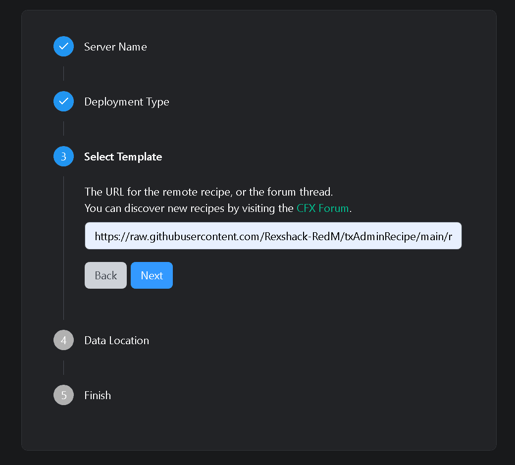 txAdmin recipe field with the RSG rsgcore.yaml URL pasted in