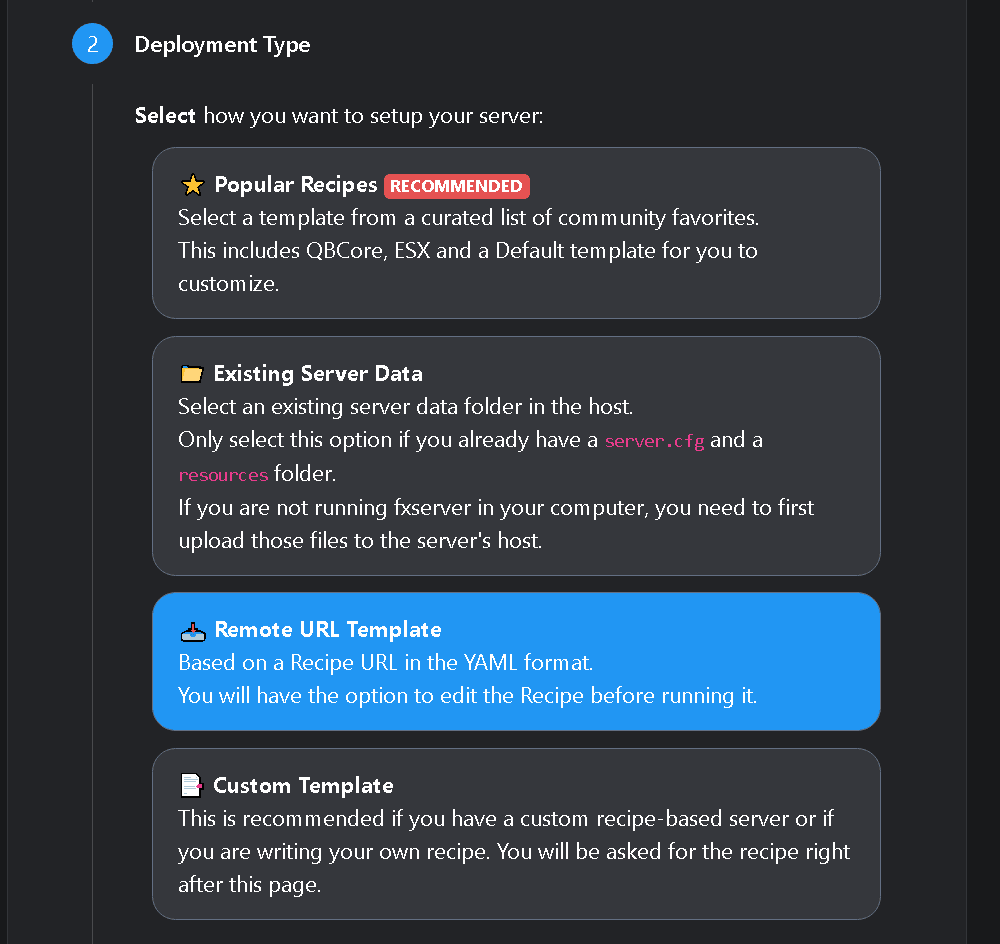 txAdmin deployment options with Remote URL Template selected