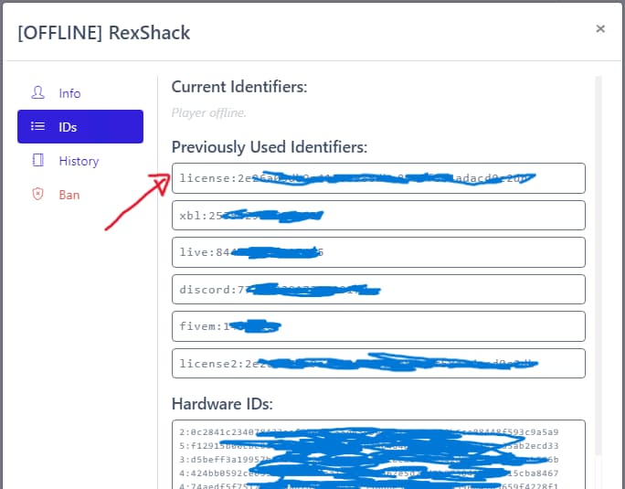 Your license starts with license: txAdmin player IDs panel showing the Rockstar license
